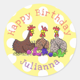 Funny knitting chickens cartoon illustration classic round sticker