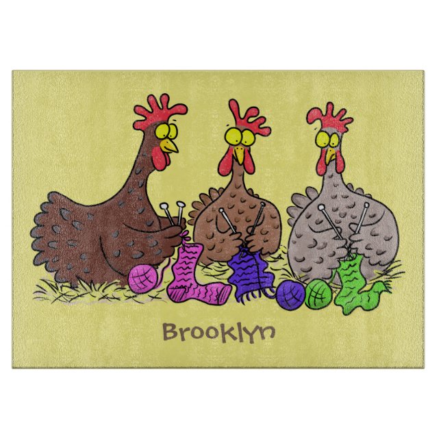 Funny knitting chickens cartoon illustration cutting board (Front)