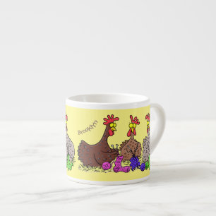 Funny knitting chickens cartoon illustration espresso cup