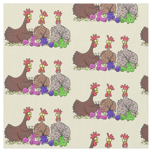 Funny knitting chickens cartoon illustration fabric (Close Up)