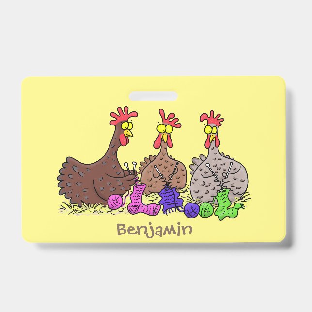 Funny knitting chickens cartoon illustration ID badge (Front)