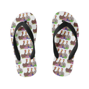 Funny knitting chickens cartoon illustration kid's jandals