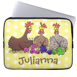 Funny knitting chickens cartoon illustration laptop sleeve