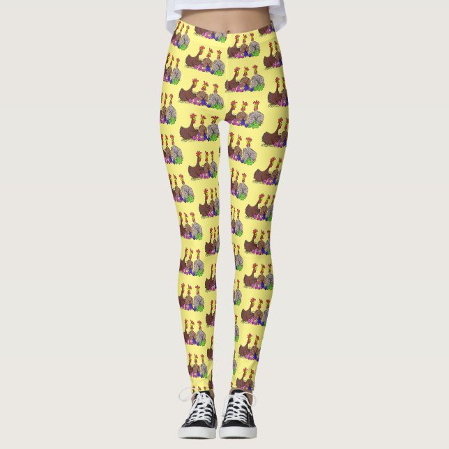 Funny knitting chickens cartoon illustration leggings (Front)