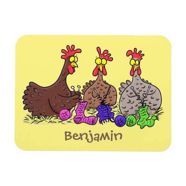 Funny knitting chickens cartoon illustration magnet (Horizontal)