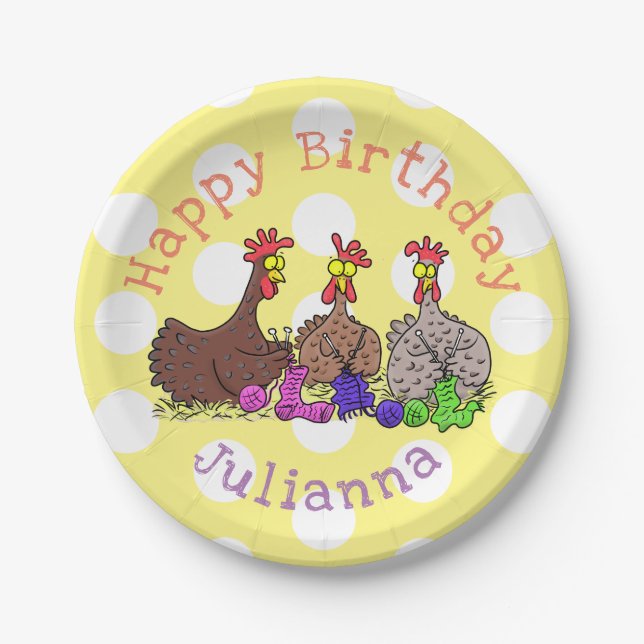 Funny knitting chickens cartoon illustration paper plate (Front)
