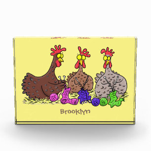 Funny knitting chickens cartoon illustration photo block