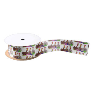 Funny knitting chickens cartoon illustration satin ribbon