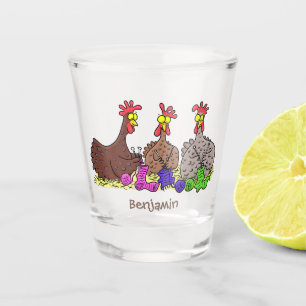 Funny knitting chickens cartoon illustration shot glass