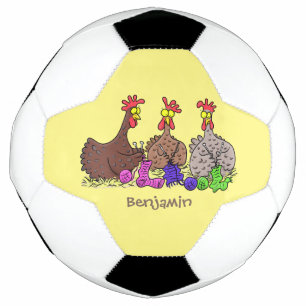 Funny knitting chickens cartoon illustration soccer ball