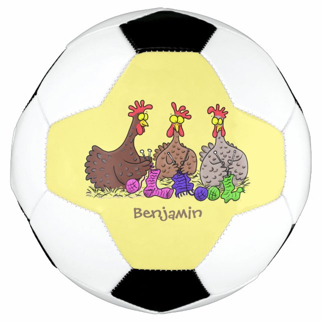 Funny knitting chickens cartoon illustration soccer ball (Front)
