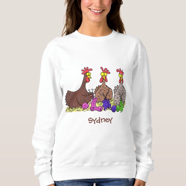 Funny knitting chickens cartoon illustration sweatshirt (Front)