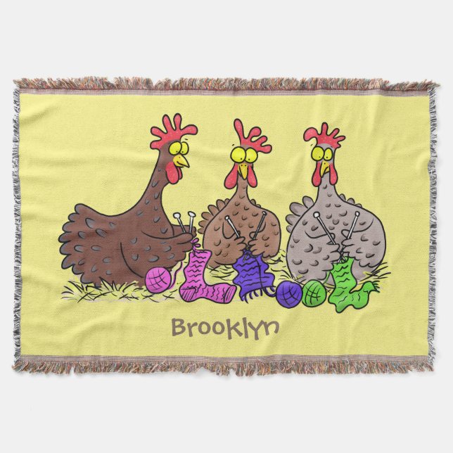 Funny knitting chickens cartoon illustration throw blanket (Front)