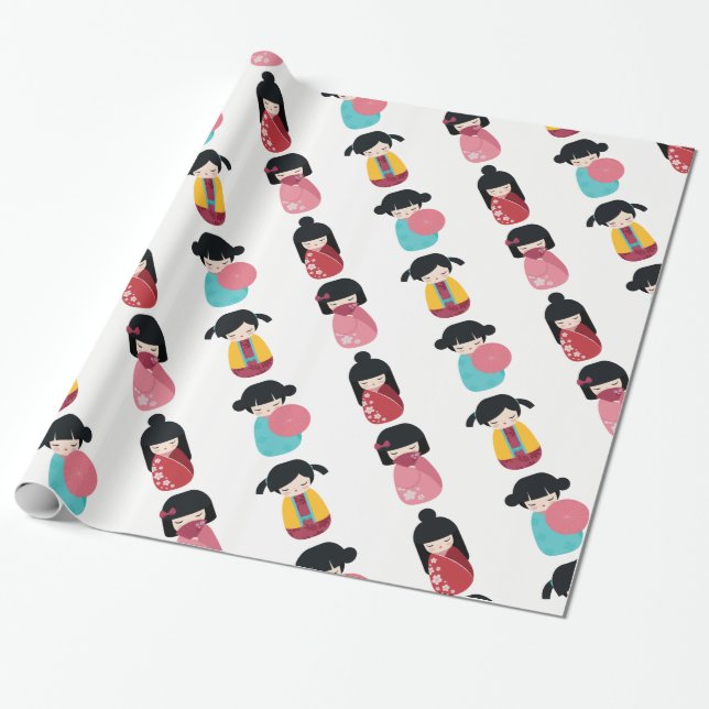 Funny Kokeshi Doll - Cute Japanese Geisha Girl Wrapping Paper (Unrolled)