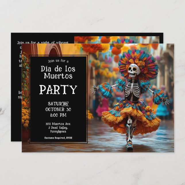 💀 Funny La Calavera in hat with flowers Invitation (Front/Back)
