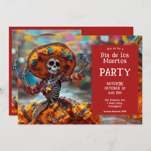 💀 Funny La Calavera in orange dress Invitation (Front/Back)