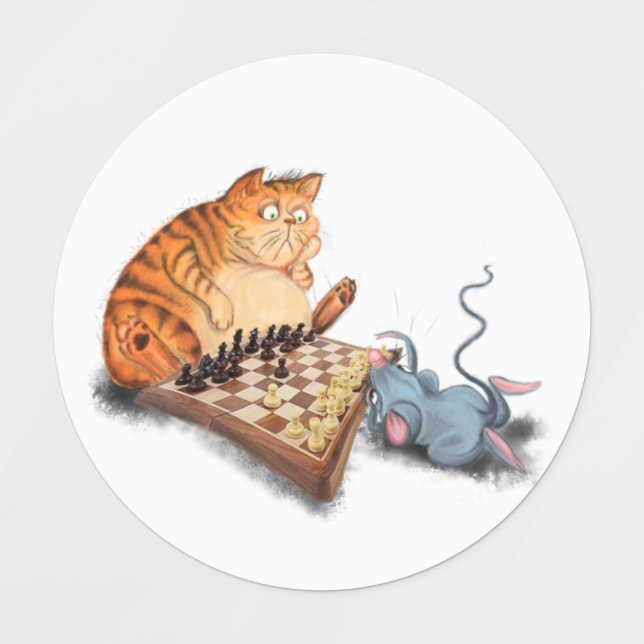 Funny Labels Cat and Mouse Playing Chess Cartoon (Design 3)