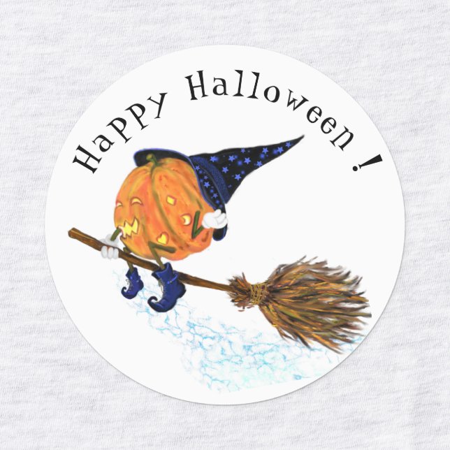 Funny Labels with Halloween Witch Pumpkin Flying (Design 3)