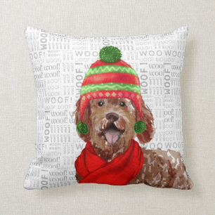 Funny Labradoodle Dog Watercolor Christmas Cushion