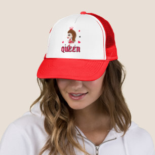 Funny lady in red trucker hat