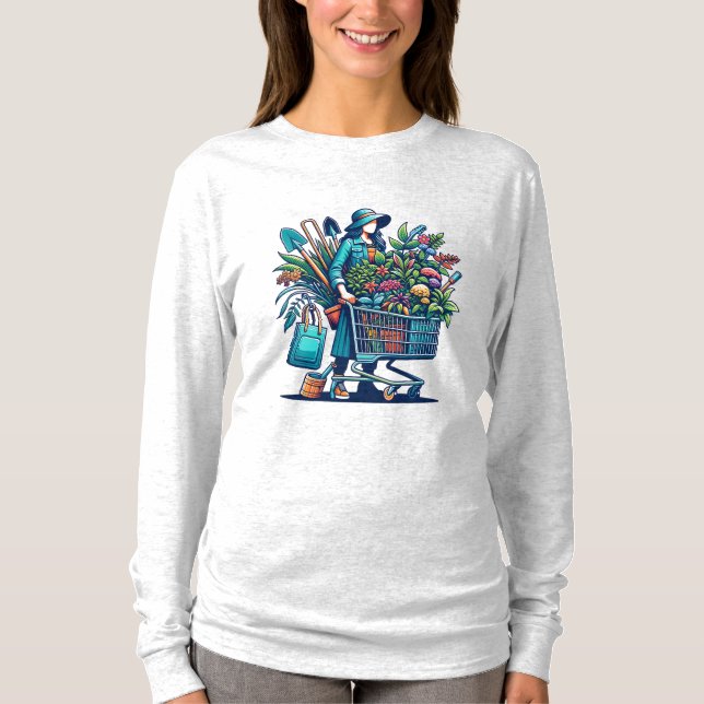 Funny Lady with Shopping Cart full of Plants T-Shirt (Front)