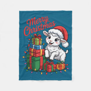 Funny Lamb Santa Hat Animals Lovers Ugly Christmas Fleece Blanket
