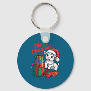 Funny Lamb Santa Hat Animals Lovers Ugly Christmas Key Ring
