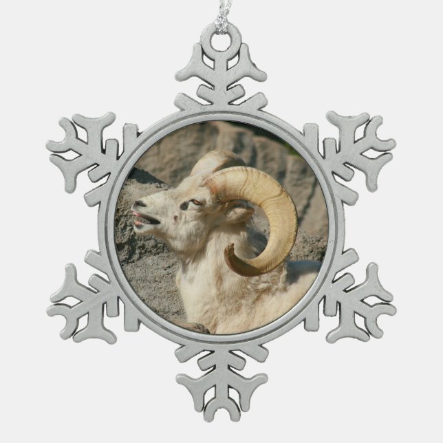 Funny Laughing Bighorn Sheep or Ram Snowflake Pewter Christmas Ornament (Front)
