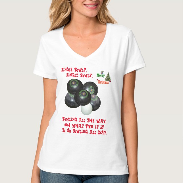 Funny Lawn Bowls Christmas, Ladies Vneck Tshirt (Front)
