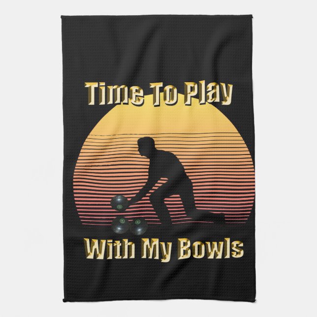 Funny Lawn Bowls Play Time, Tea Towel (Vertical)