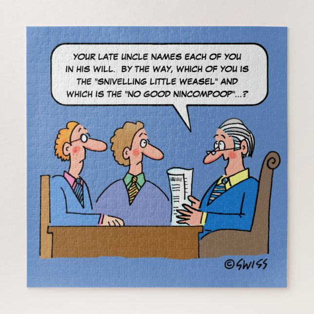 Funny Lawyer Reading Will To Heirs Cartoon Jigsaw Puzzle (Vertical)