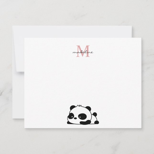 Funny Laying Panda Script Pink Monogram Card (Front)