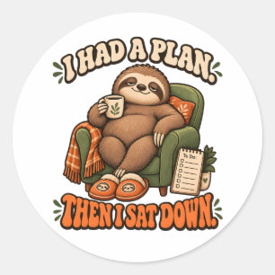 Funny Lazy Sloth Coffee Illustration Classic Round Sticker