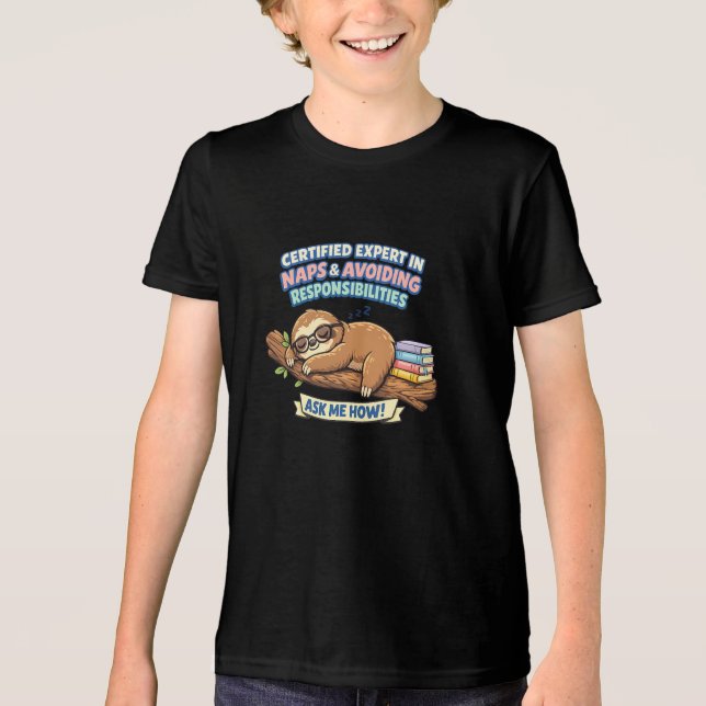 Funny Lazy Sloth Nap Expert & Procrastination Humo Tri-Blend Shirt (Front)