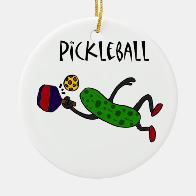 Funny Leaping Pickle Playing Pickleball Ceramic Tree Decoration (Front)