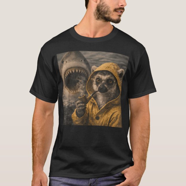 Funny Lemur Smoking Pipe Shark Attack Meme T-Shirt (Front)