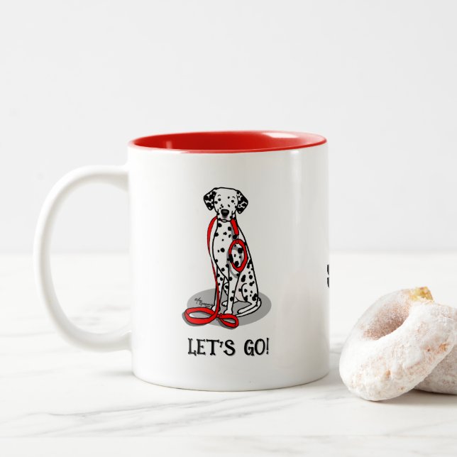 Funny Let's Go! Walk Dalmatian Dog (black 1) Two-Tone Coffee Mug (With Donut)