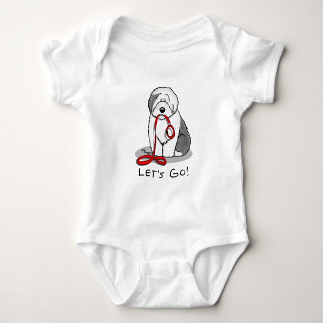 Funny Let's Go! Walk Old English Sheepdog (Grey 1) Baby Bodysuit (Front)
