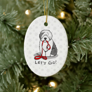 Funny Let's Go! Walk Old English Sheepdog (Grey 1) Ceramic Tree Decoration