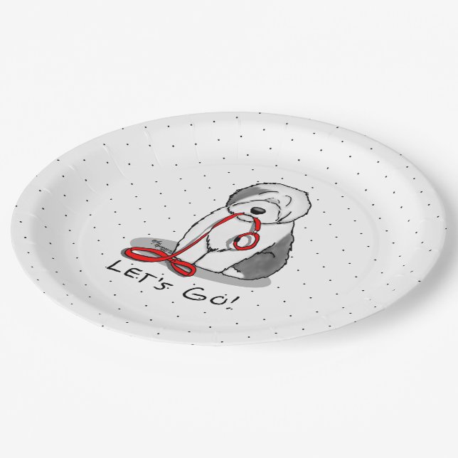 Funny Let's Go! Walk Old English Sheepdog (Grey 1) Paper Plate (Angled)