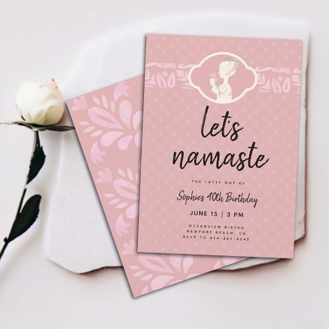 Funny Lets Namaste Latte Women 40th Birthday Party Invitation (funny 40th birthday invitation for women coffee latte party namaste yoga joke clean elegant classy )