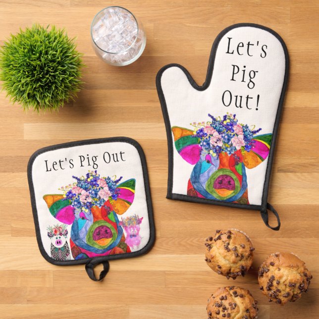 Funny Let's Pig Out Pig  Oven Mitt & Pot Holder Set (Top Down)