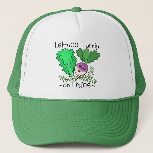 Funny Lettuce Turnip Thyme Vegetable Pun Cartoon Trucker Hat (Front)