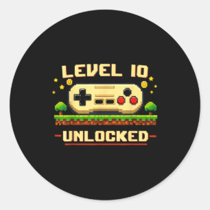 Funny level 10 unlocked video game 10th birthday classic round sticker