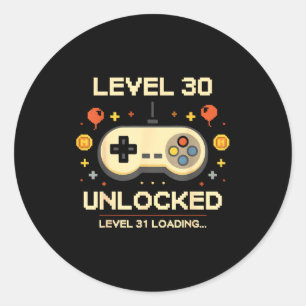 Funny level 30 unlocked gamer 30th birthday video classic round sticker