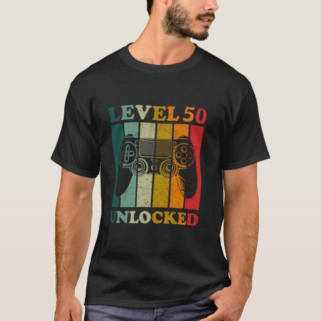 Funny Level 50 Unlocked Gift Men Bday Gamer 50th B T-Shirt (Front)