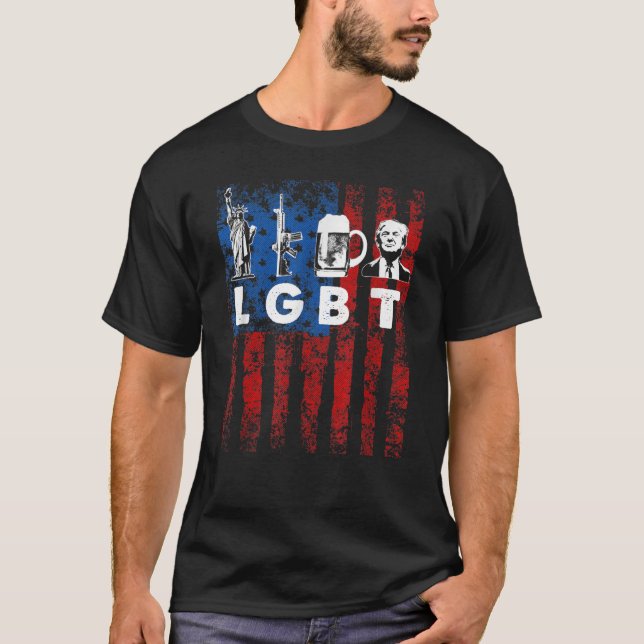 Funny LGBT Parody Liberty Guns Beer Trump USA Gift T-Shirt (Front)