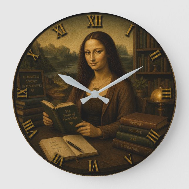Funny Librarian Mona Lisa Library Lover Gift Large Clock (Front)