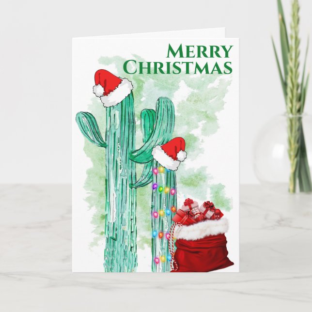 Funny Lighted Southwest Saguaro Cactus Custom Holiday Card (Front)