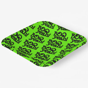 Funny Lime Green Booyeah! Crossed Eyes Halloween Paper Plate